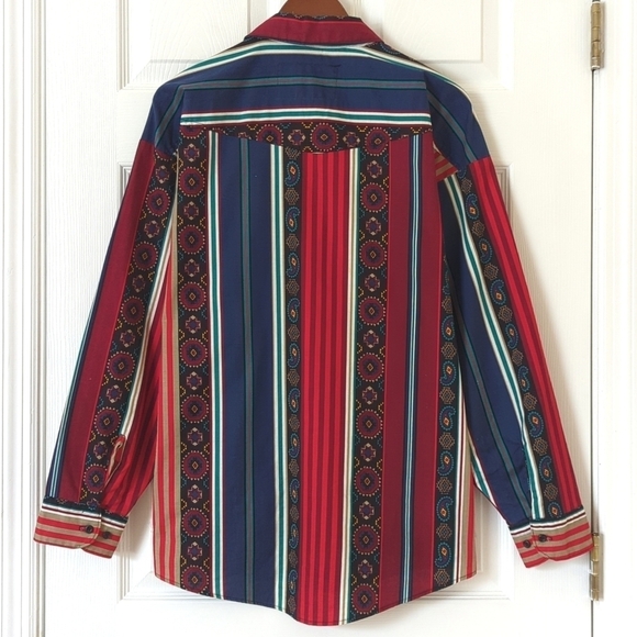 Frank 80's Vintage Funky Paisley & Aztec Striped Long Sleeve Button Down Shirt M - Picture 10 of 12